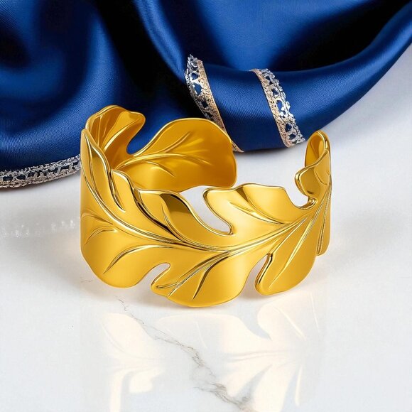 ๐Boho Luxe 18K Gold Plated Leaf Cuff Bracelet Adjustable Open Bangle Chic - Picture 5 of 10